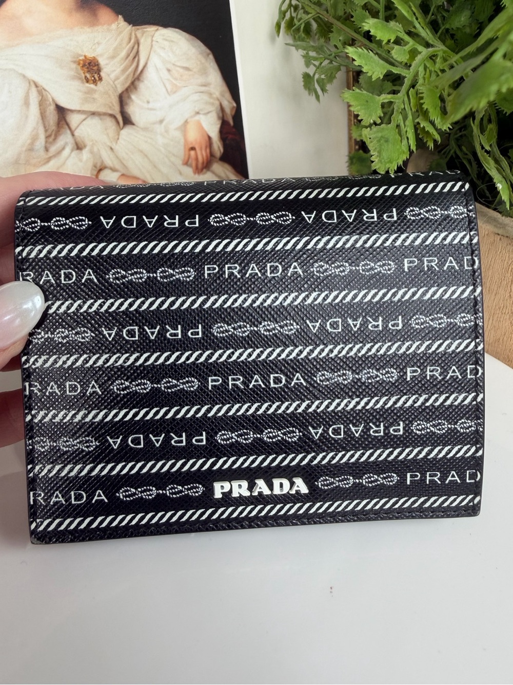 PRADA Black and White Logo Compact Wallet